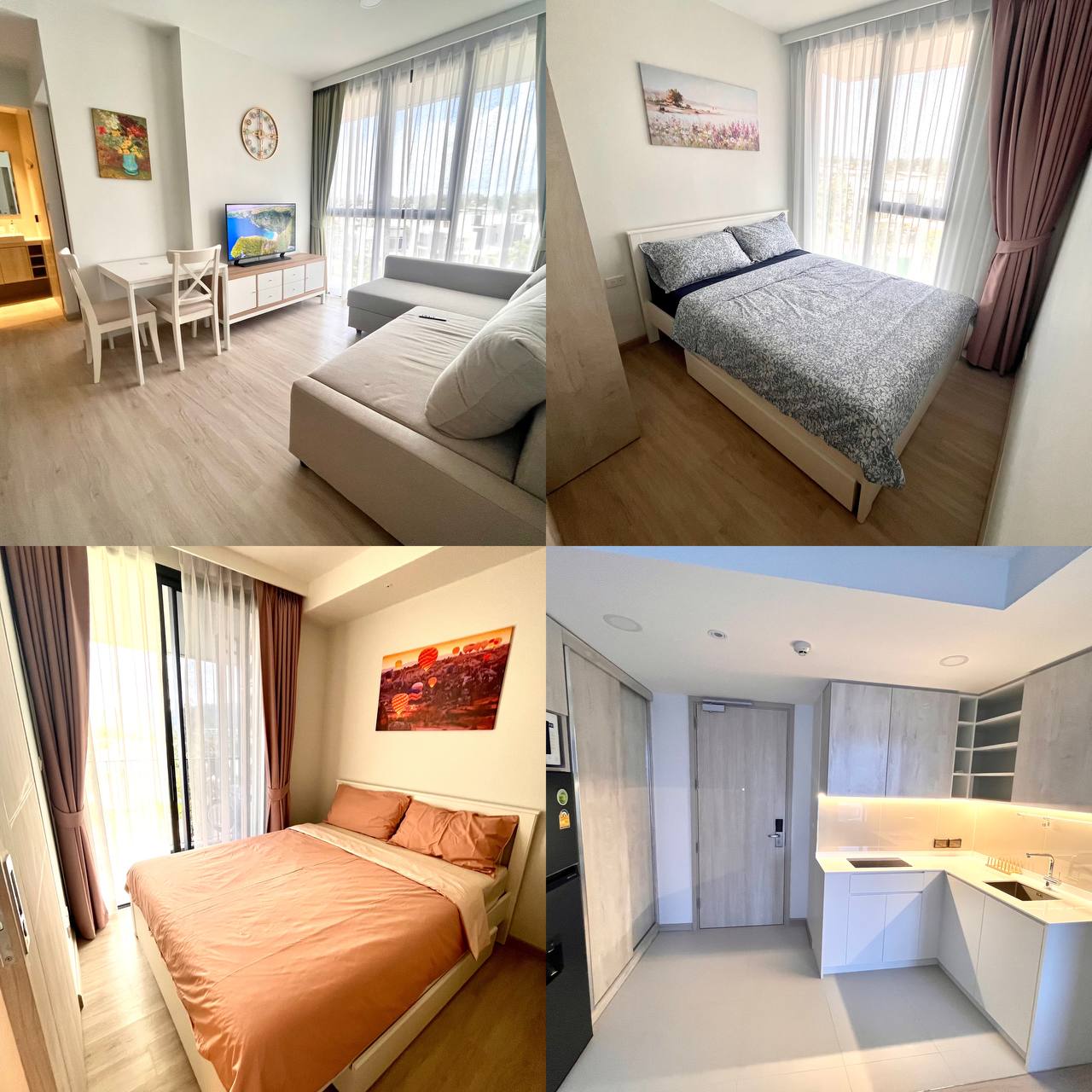 a room with furniture, bed, and dining area